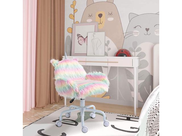 HOMCOM Fluffy Unicorn Office Chair with Mid-Back and Armrest Support, 5 Star Swivel Wheel White Base, Rainbow