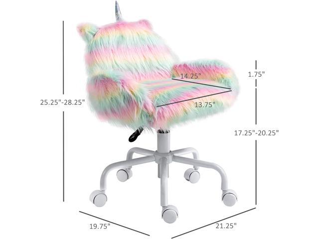 HOMCOM Fluffy Unicorn Office Chair with Mid-Back and Armrest Support, 5 Star Swivel Wheel White Base, Rainbow