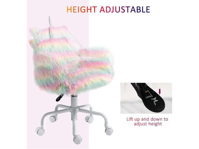 HOMCOM Fluffy Unicorn Office Chair with Mid-Back and Armrest Support, 5 Star Swivel Wheel White Base, Rainbow