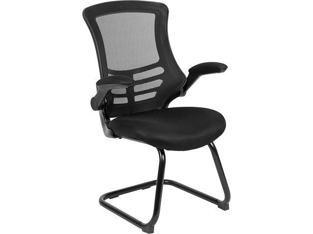 Flash Furniture Kelista Black Mesh Sled Base Side Reception Chair with Flip-Up Arms