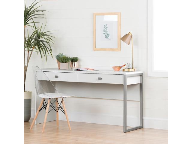 South Shore Annexe Mid-Century Modern Eiffel Office Chair, Wooden Legs, Clear and White 19.5D x 16.25W x 32.5H in