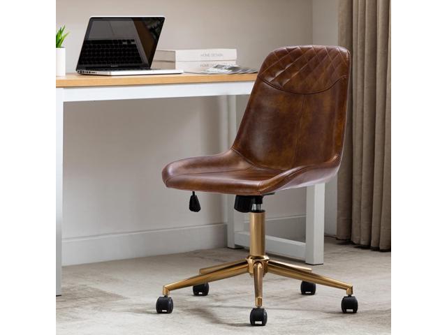 DUHOME Modern PU Leather Office Chair Desk Chair Swivel Computer Chair with Gold Base Yellowish-Brown