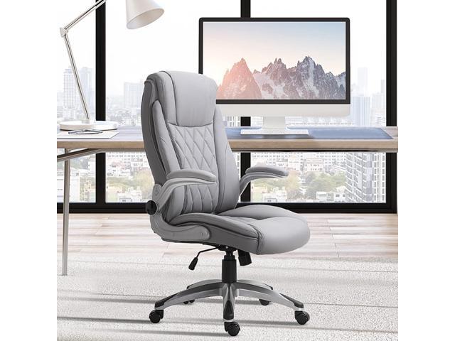 Vinsetto High Back 360° Swivel Ergonomic Home Office Chair with Flip Up Arms, Faux Leather Computer Desk Rocking Chair, Grey