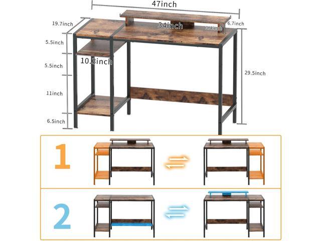 Gaming/Computer Desk - 47 Home Office Small Desk with Monitor Stand, Rustic Writing Desk for 2 Monitors, Adjustable Storage Space, Modern Design...