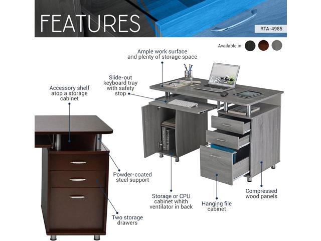 Techni Mobili 47.25' Ergonomic Computer Drawers & File Cabinet for Home Office Storage, Espresso Writing Desk