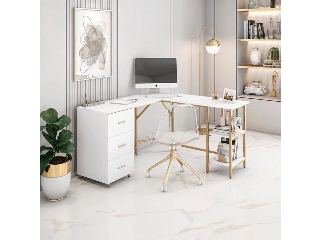 Techni Mobili L Shaped Desk - Two-Toned Computer Desk with Drawers & Storage Shelves - Simple Modern Furniture & Home Office Space Corner Table for...
