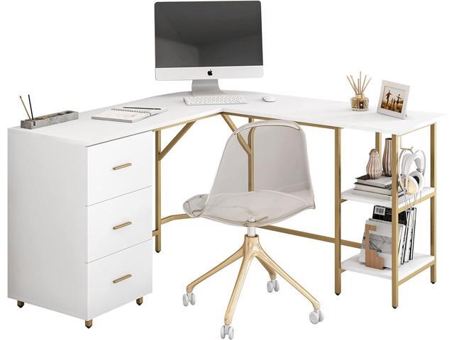 Techni Mobili L Shaped Desk - Two-Toned Computer Desk with Drawers & Storage Shelves - Simple Modern Furniture & Home Office Space Corner Table for.