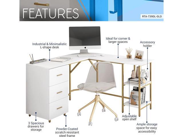 Techni Mobili L Shaped Desk - Two-Toned Computer Desk with Drawers & Storage Shelves - Simple Modern Furniture & Home Office Space Corner Table for...