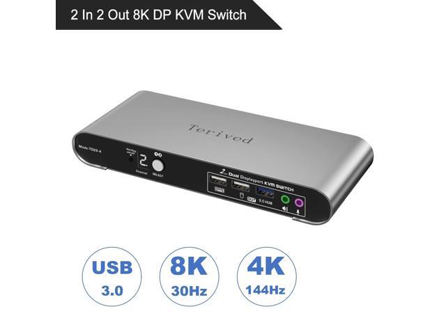 Terived 2 Port DP USB 3.0 KVM Switch Dual Monitor Two Computers Two DisplayPort Monitors switcher, 8K@30Hz 4K@144Hz, Aluminum hotkey Audio mic,...