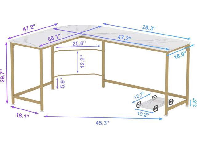 Teraves Reversible L Shaped Desk White - 66.1' Corner Gaming Computer Desk, Office Workstation Modern Home Study Writing Table, Marble Gold