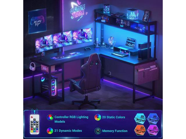 Aheaplus L Shaped Desk with Power Outlet & LED Strip, Reversible Corner Computer / Gaming Desk with Storage Shelf & Monitor Stand, Modern 2 Person...
