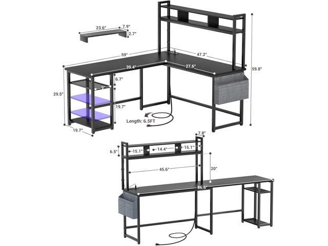 Aheaplus L Shaped Desk with Power Outlet & LED Strip, Reversible Corner Computer / Gaming Desk with Storage Shelf & Monitor Stand, Modern 2 Person...