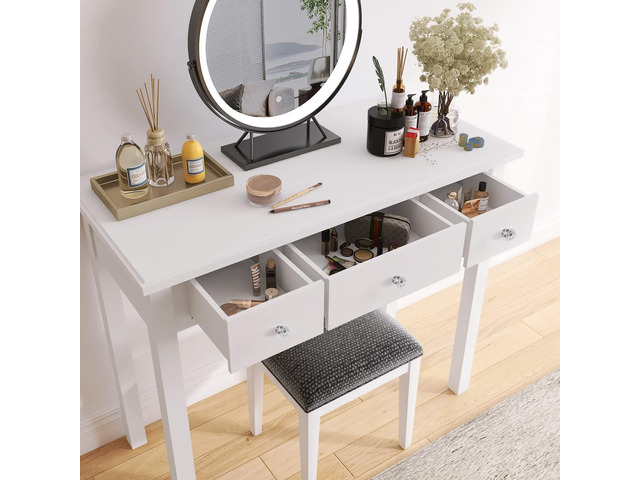 STHOUYN Home Office Small Writing Desk with Drawers Bedroom, Study Table for Adults/Student, Vanity Makeup Dressing Table Save Space Gifts White...