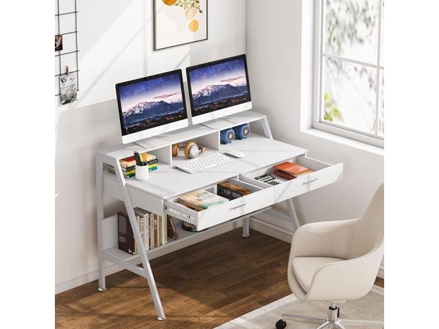 Tribesigns Computer Desk with Storage Shelf & Drawers, Modern 47 inch Office Writing Desk Study Table with Monitor Stand Riser for Home Office Use...