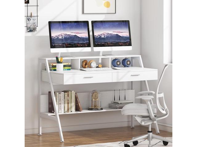 Tribesigns Computer Desk with Storage Shelf & Drawers, Modern 47 inch Office Writing Desk Study Table with Monitor Stand Riser for Home Office Use...