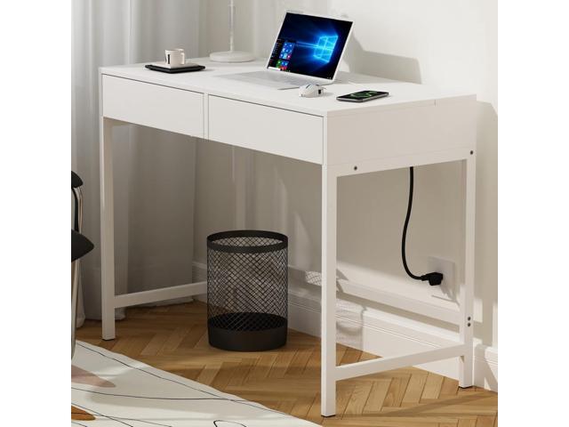 Treocho Computer Desk with USB Charging Ports and Power Outlets, Modern Simple 40 inch White Desk with 2 Drawers, Vanity Desk, Makeup Table for...