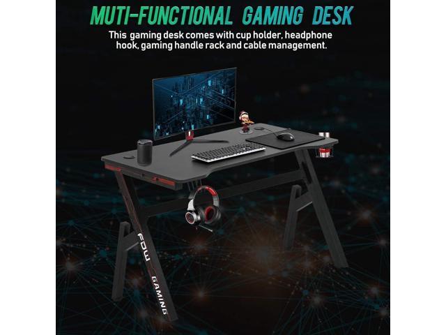 Gaming Computer Desk Home Office Desk Extra Large Modern Ergonomic Black PC Carbon Fiber Writing Desk Table with Cup Holder Headphone Hook