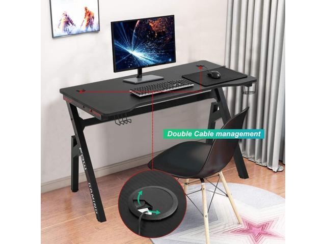 Gaming Computer Desk Home Office Desk Extra Large Modern Ergonomic Black PC Carbon Fiber Writing Desk Table with Cup Holder Headphone Hook