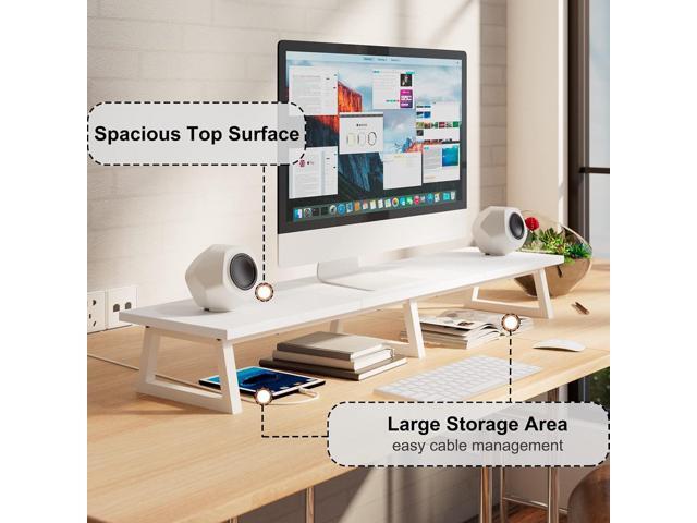 TEAMIX White Dual Monitor Riser for 2 Monitors,-42inch, Wood Desktop Dual Stand with Metal Legs, Long Screen/PC/Laptop Storage,Computer Shelf TV...