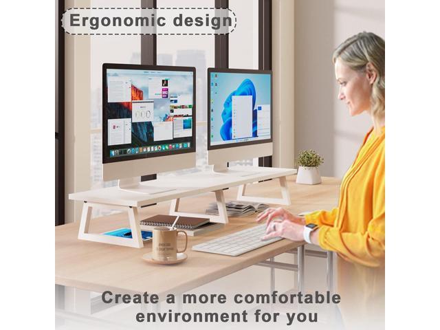 TEAMIX White Dual Monitor Riser for 2 Monitors,-42inch, Wood Desktop Dual Stand with Metal Legs, Long Screen/PC/Laptop Storage,Computer Shelf TV...