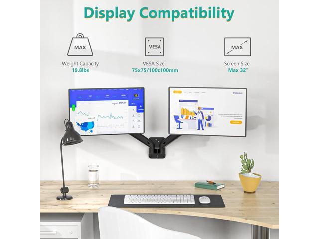 WALI Dual Monitor Wall Mount, Gas Spring Monitor Arm for 2 Screens up to 32 inch, 19.8 lbs. Fully Adjustable Arm Mounting Holes up to 100 x 100...
