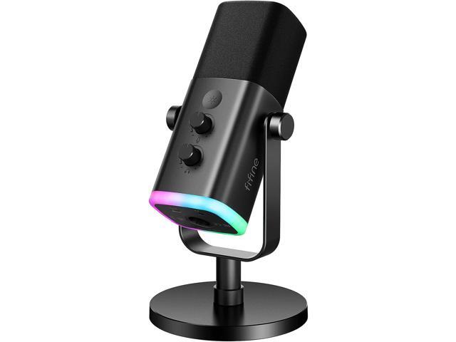 FIFINE XLR/USB Dynamic Microphone for Podcast Recording, PC Computer Gaming Streaming Mic with RGB Light, Mute Button, Headphones Jack, Desktop.