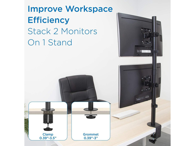 Mount-It! Vertical Dual Monitor Mount Stacked Monitor Desk Stand Fits 2 Computer Screens 19 20 21 22 23 24 27 32 Inches C-Clamp and Grommet...