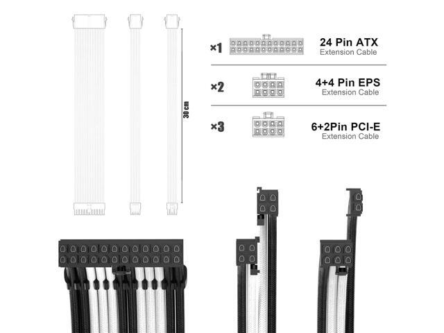 PSU Cable Extension Kit 30CM Length with Two Sets of Cable Combs,1x24Pin/2x8Pin(4+4)/3x8Pin(6P+2P) PC Sleeved Cable for ATX Power Supply (Black/White)