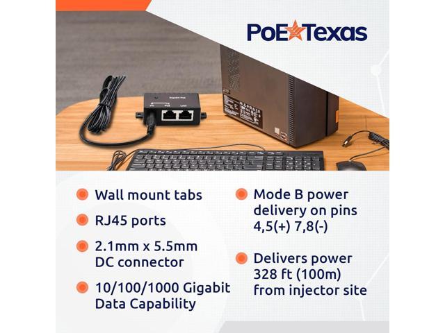 Poe Texas PoE Injector - Single Port Power Over Ethernet Passive PoE Adapter - 10/100/1000 Gigabit Data - Includes 48V 15W Power Supply - Wall...