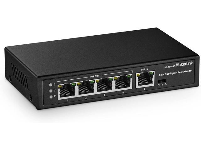 MokerLink 5 Ports Gigabit PoE Extender, IEEE 802.3af/at PoE Repeater, 100/1000Mbps, 1 PoE in 4 PoE Out PoE Passthrough Switch, Wall Mount, PoE.