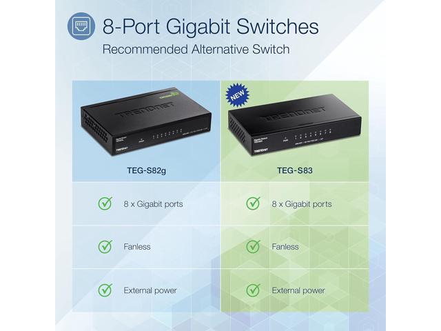 TRENDnet 8-Port Gigabit Desktop Switch, TEG-S83, 8 x Gigabit RJ-45 Ports, 16Gbps Switching Capacity, Fanless Design, Metal Enclosure, Lifetime...