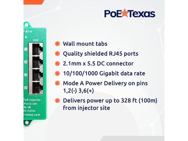 PoE Texas 4 Port PoE/PoE+ Injector with 48V 60W Power Supply - Gigabit Injector - Active Mode A Power Over Ethernet Multi Port PoE Adapter -...