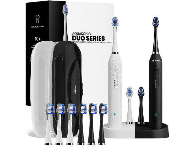Aquasonic Duo - Dual Handle Ultra Whitening 40,000 VPM Wireless Charging Electric ToothBrushes - 3 Modes with Smart Timers - 10 Dupont Brush Heads...