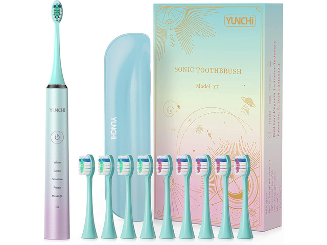 YUNCHI Electric Toothbrush for Adults & Kids, Y7 Rechargeable Sonic Electric Toothbrushes, 10 Dupont Brush Heads, 5 Modes Fast Charge for 30 Days,...