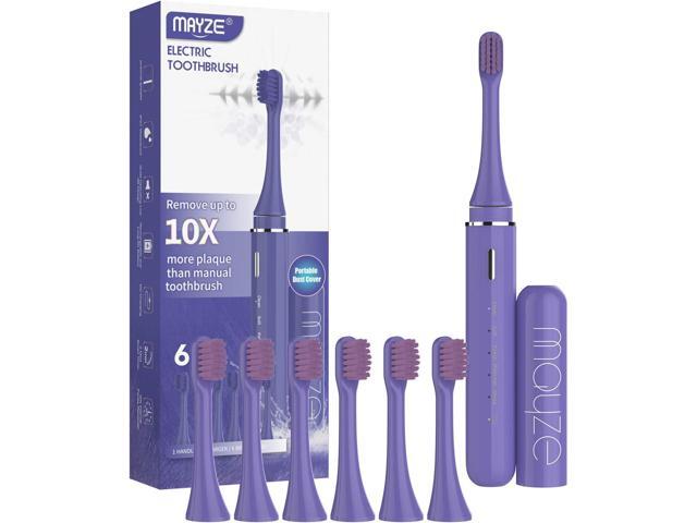 MAYZE Sonic Electric Toothbrush with 6 Brush Heads & Trave Cover, New Portable Electric Toothbrush with 5 Modes - One Charge for 90 Days - 2 Min.