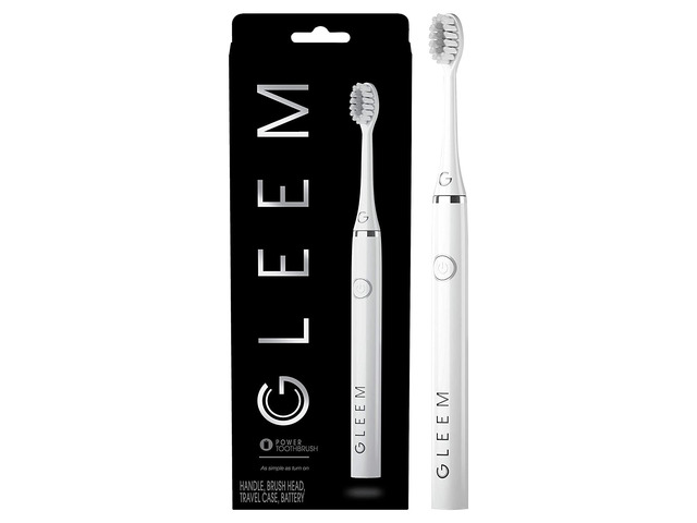 Gleem Battery Power Electric Toothbrush with Travel Case, Soft Bristles, White