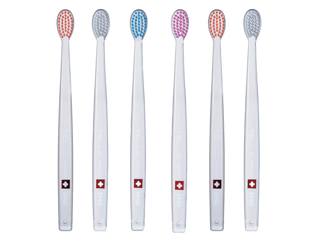 TELLO 3940 Adult Medium Swiss Toothbrush for Gentle Cleaning with Ergonomic Handle, 6 Count