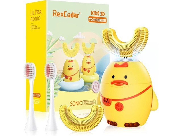 RexCodar Kids Electric Toothbrush,U Shaped Ultrasonic Automatic Toothbrush IPX7 Waterproof Toothbrush with 5 Smart Modes (Cartoon Duck,Ages 6-12)