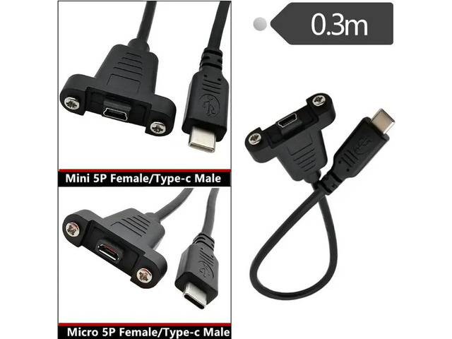 USB3.1 Type C Male To Micro / mini USB 2.0 5Pin female panel mount Data Cable 30cm