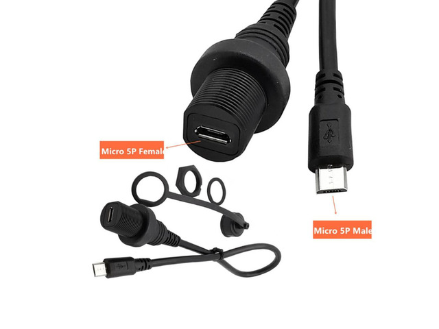 IP67 Micro USB Waterproof Cable,Micro-USB 2.0 5pin IP 67 Male to Female Panel Mount WaterProof Connector Extension Cord 0.3m 1m