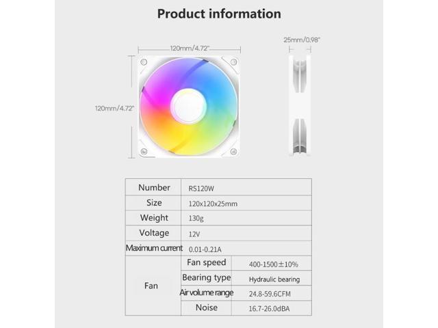 RS120 ARGB 120mm Cooling Fan 4Pin PWM Adjust Speed Fan Computer Case Fan 24.8-59.6CFM Strong Air Volume Computer Fans (White)