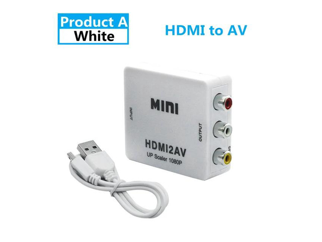 HDMI to RCA Adapter 1080P HDMI to AV Video Audio Converter HDMI to AV RCA CVSB L/R Scaler Adapter Support NTSC PAL Output(HD2AV White)