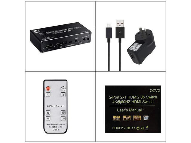 2 port HDMI 2.0 Audio Extractor Switch 2x1 4K 60Hz HDMI Switcher with 5.1CH ARC R/L+Toslink SPDIF+COAXIAL Audio Out HDR HDCP2.2(AU power supply)