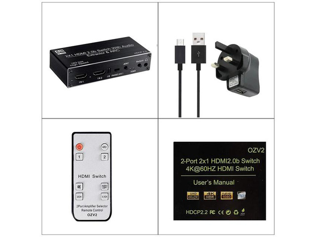 2 port HDMI 2.0 Audio Extractor Switch 2x1 4K 60Hz HDMI Switcher with 5.1CH ARC R/L+Toslink SPDIF+COAXIAL Audio Out HDR HDCP2.2(UK power supply)