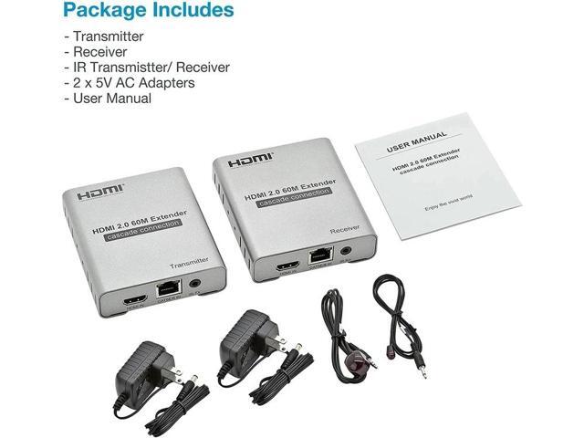 4K 60HZ HDMI Extender Over Cat6/7 RJ45 Ethernet Cable to 60M HDMI 2.0 Cascade Connection Extender Support HDR YUV 4:4:4 HDCP2.2