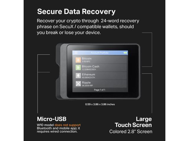 SecuX W10 Crypto Hardware Wallet- Infineon CC EAL5+ Secure Element, USB cable to PC, ChromeOS Web App, 2.8' Color Touchscreen; BTC, ETH, BNB, BSC,...