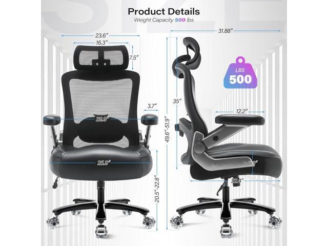 500lbs Big and Tall Office Chair- Heavy Duty Executive Computer Chair with 3D Flip Arms Large Wheels, Ergonomic Mesh High Back Desk Chair, Extra...