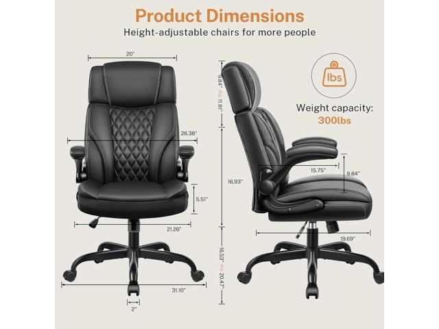 Office Chair Flip Up Arms, Executive Leather Office Chair Ergonomic Desk Chair with Lumbar Support, Adjustable Headrest, Computer Chair Home Office...