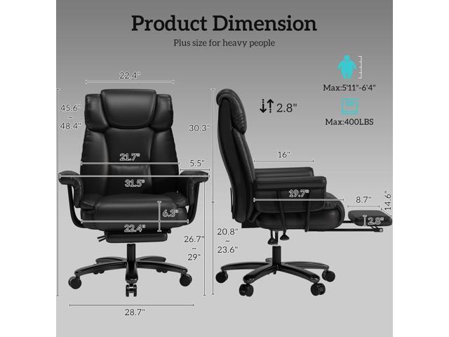Big and Tall Office Chair 400LBS with Wide Seat and Arms, 160° Reclining Office Chair with Footrest, Comfortable Executive Office Desk Chair High...
