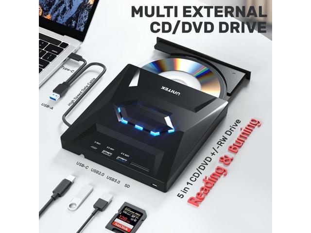 Unitek External CD DVD Drive, USB C Portable CD/DVD +/-RW Drive/DVD Player with SD Card Reader USB 3.0 USB C Hub CD ROM Burner Compatible with...